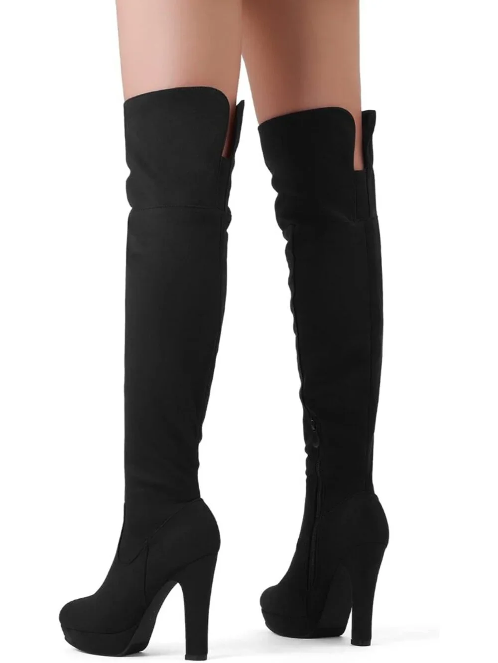 Women's Black High Heel Round Toe Faux Suede Over The Knee Thigh High Boots
